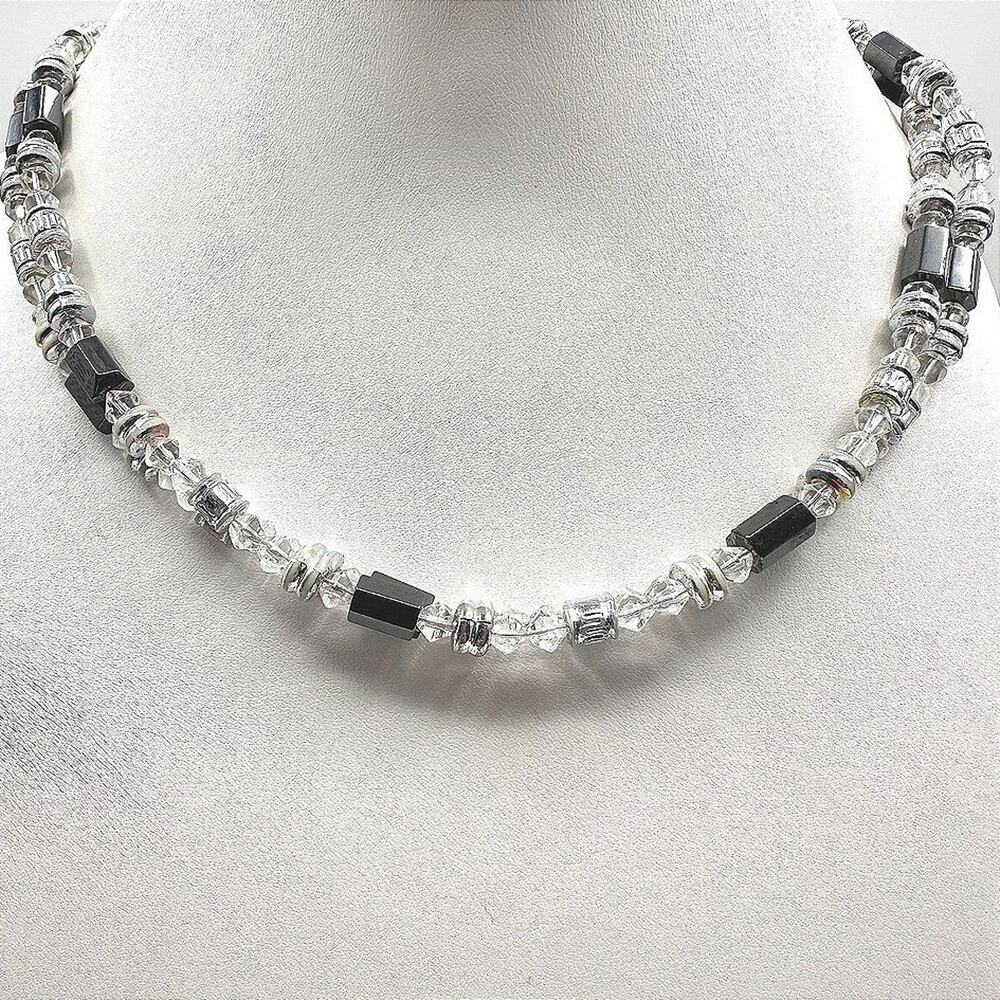 Vintage 90s Silver Tone Clear Glass & Hematite Beaded Necklace Women's Jewelry